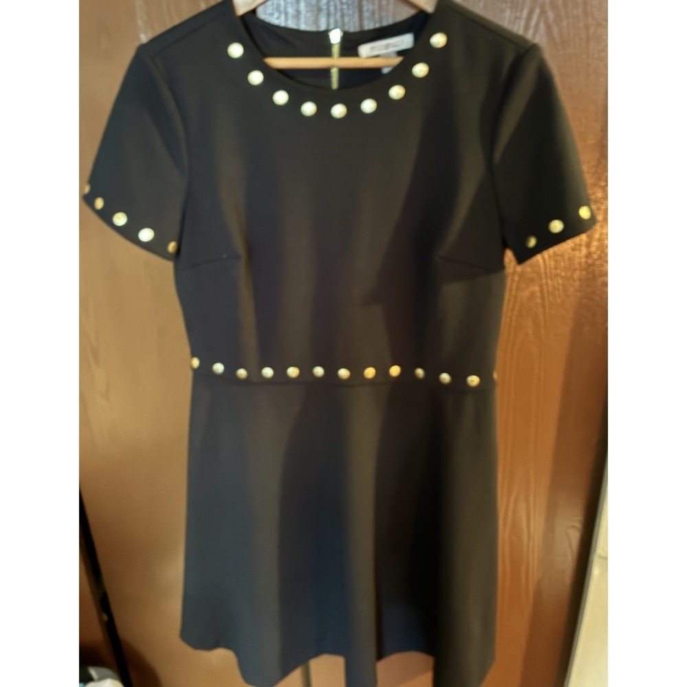 ROZ & ALI Womens Black Short Slv Fit & Flare Gold Studded Midi Dress Sz 12